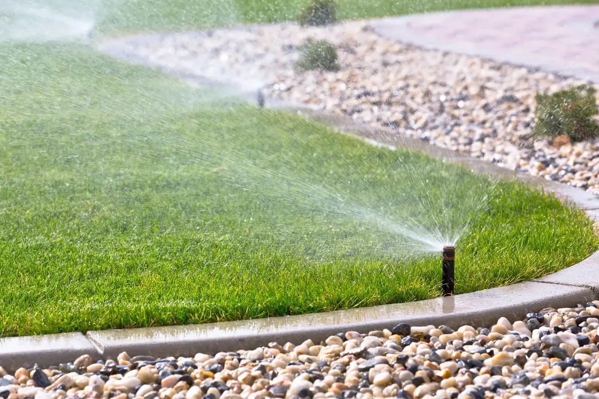Sprinkler watering a clean-edged lawn beside river rock